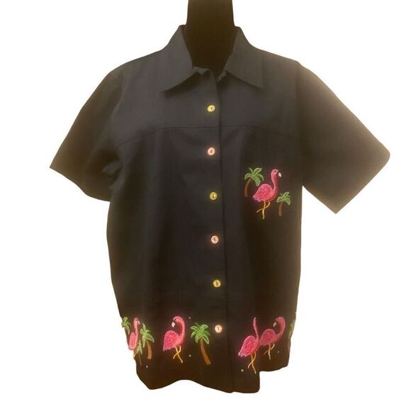 Quaker Factory Black‎ Lightweight Jacket with Embroidered Flamingos Sz L - Picture 1 of 14